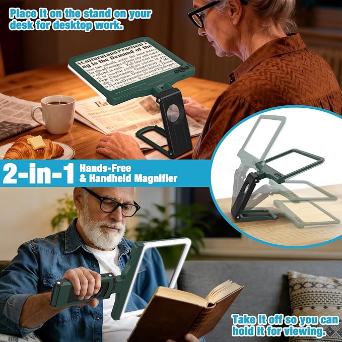 30X 6X Rechargeable Magnifying Glass for Reading, Large Full Page Magnifier with Folding Stand, 3 Color Light Modes, Dimmable LED Lighted, Hands Free Book Magnifier for Low Vision Seniors, Green-Black
