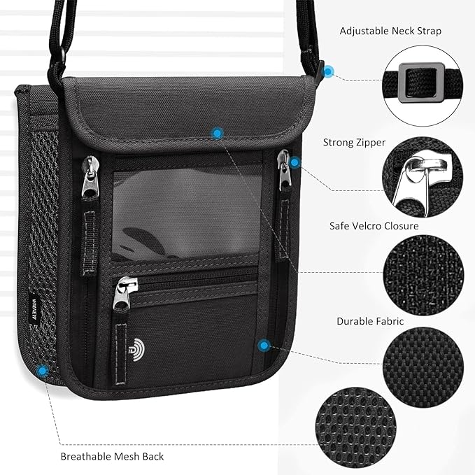 WALNEW Passport Holder Neck Pouch Travel Wallet for Women and Men, RFID Blocking Security Slim Traveling Wallet with Around Neck Lanyard Strap, Black | Around Neck Lanyard Strap, Travel Safety Anti Theft Bag, Neck Wallet for Traveling Women Men