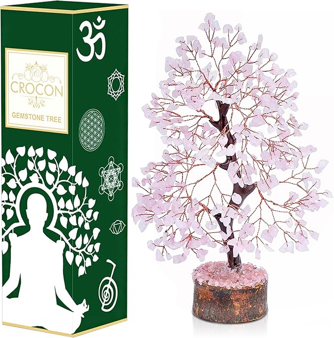 Crocon Rose Quartz Crystal Tree of Life Pink Room Decor & Healing Crystals Cute Desk Accessories Spiritual Birtdhay Gifts for Women House Warming Gifts New Home Decor for Mom Sister & Girlfriend