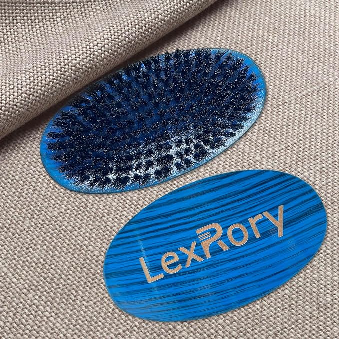 Curved Wave Brush for Men 360, Medium Hard Palm Hair Brushes Boar | Nylon Mix Boar Bristles for Black Hair Wavers to Creating 360 Waves & Beard Daily Use (Stripes Blue)