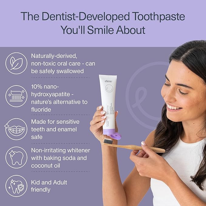 Elims Nano Hydroxyapatite Toothpaste – Fluoride-Free, Xylitol Remineralizing, Whitening Toothpaste for Sensitive Teeth, SLS-Free, Lavender Vanilla Mint Favlor for Adults & Kids, 4oz
