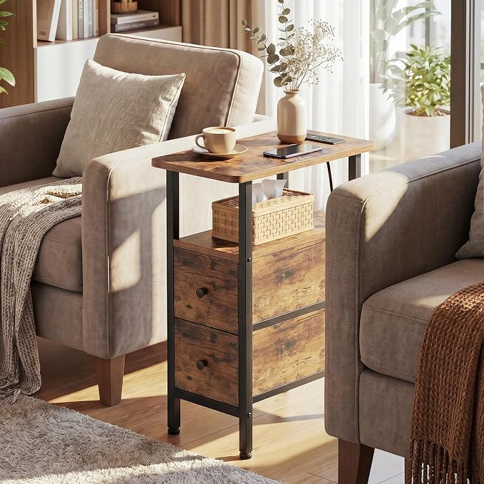 Narrow End Table with Charging Station, Small Nightstand | Skinny Side Tables Living Room with 2 Fabric Drawers, Slim Bedside Table for Bedroom, Small Spaces, Couch, Rustic Brown