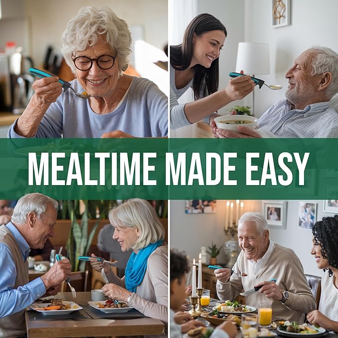 BUNMO Adaptive Utensils for Elderly, Arthritis, Weak Hand Grip & Handicapped - 4 Piece Set - Convenient Travel Pouch - Lightweight - Arthritis Gifts for Seniors Over 80 - Gifts for Disabled Adults