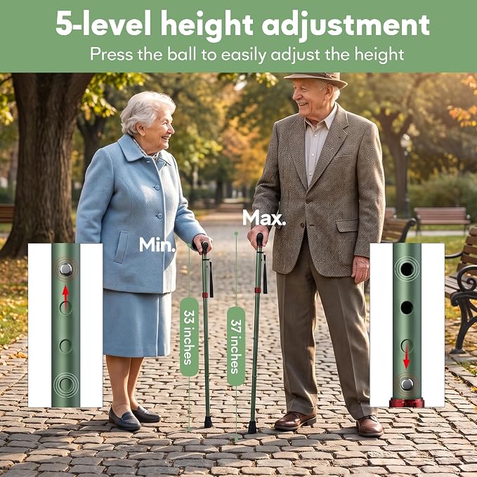 Foldable Walking Cane for Men & Women, Lightweight Aluminum Adjustable Cane with Ergonomic Handle, Non-Slip Rubber Base, Walking Sticks for Seniors Balance,Collapsible Cane for Assistance Travel