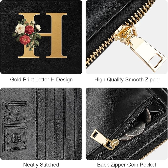 Passport Holder for Travel Personalized Wallet with Wristlet Women | Passport Cover, RFID Blocking, Passport Book Holders, Back Coin Pocket, Zipper Closure, Roses Initial Letter, Black H