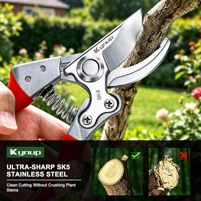 Kynup 8.6" Professional Pruning Shears for Gardening, SK5 Stainless Steel Garden Hand Pruners for Heavy Duty Clean Cuts 4X Easier, Garden Scissors for Arthritis Left Handed, Secure Safety Lock