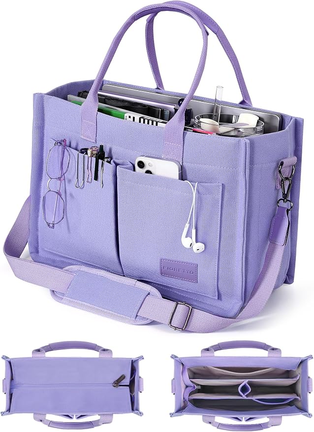 FIORETTO Canvas Tote Bag for Women with Zipper Closure & Individual Compartments for Work College for Teacher & Nurse