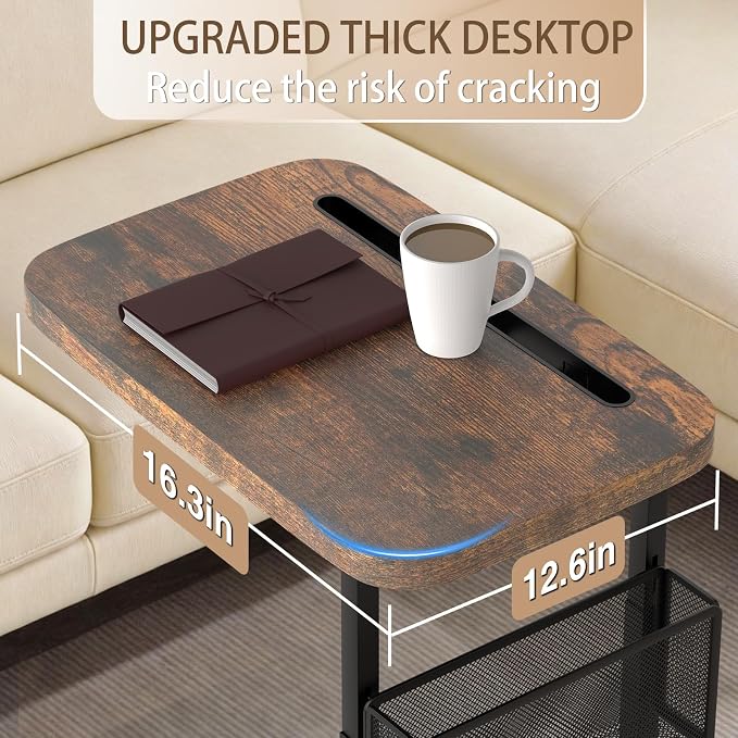 Fashion TV Tray Table with Large Tabletop, Adjustable Sofa Table with Storage Baskets, Strong Metal Frame, Tv Dinner Tray Table for TV Watching, Meals, Snacks (Square, Brown, 16.93inch x 12.6inch)
