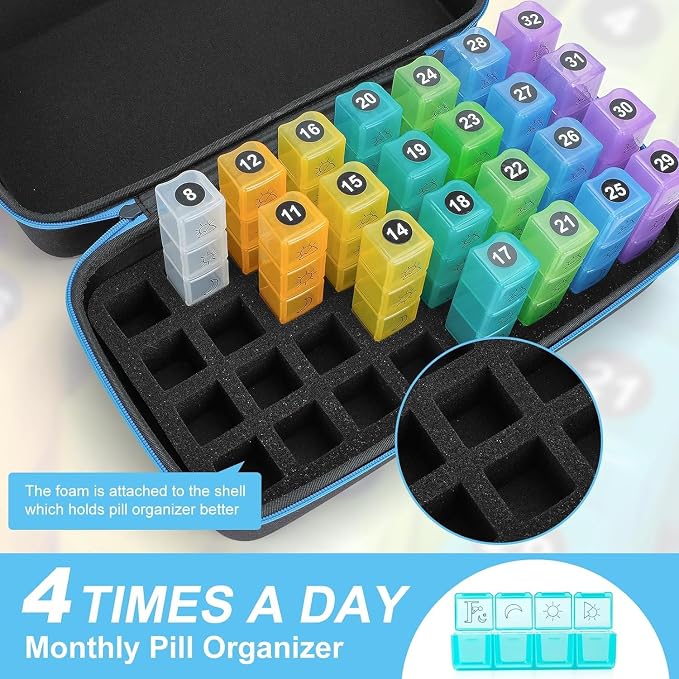 Monthly Pill Organizer 4 Times a Day, Pill Box Organizer with 32 Daily Compartments, 30 Day Pill Organizer 4X a Day Pill Holder with Hard Shell Travel Case with Weekly Pill Bag 4 Times a Day