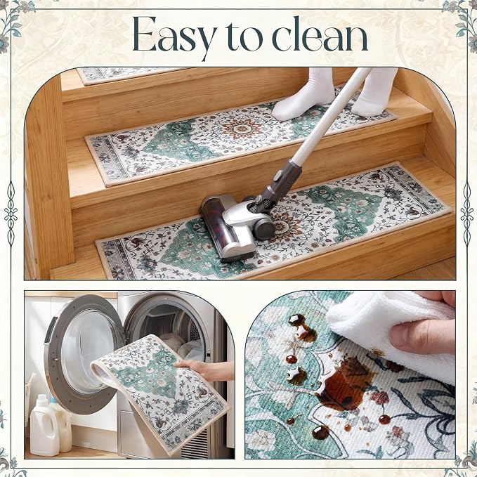 Dunzy 15 Pcs Non-slip Stair Treads for Wooden Steps 30x8 Inch, Peel and Stick Chenille Carpet Treads, Vintage Floral Medallion Print Stair Rug, Residue-free Adhesive, Machine Washable for Seniors Pets