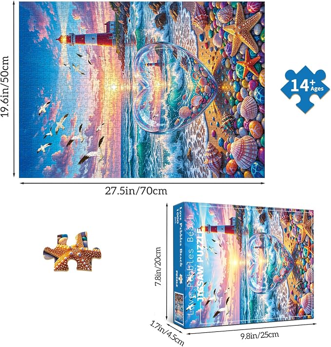 Love Pebbles Beach Puzzles for Adults 1000 Pieces | 1:1 HD Poster,Letter Markings on Back,Matte Oil,High Bite Force