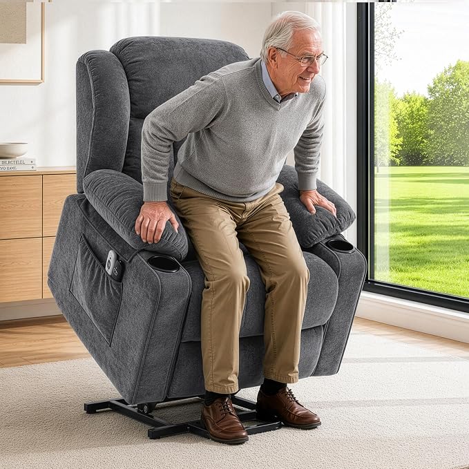 Power Lift Recliner for Elderly,Electric Recliner Chair with Massage & Heating for Adults, USB Charging, Cup Holders, Side Pocket, Living Room Sofa L1288 (Dark Grey)