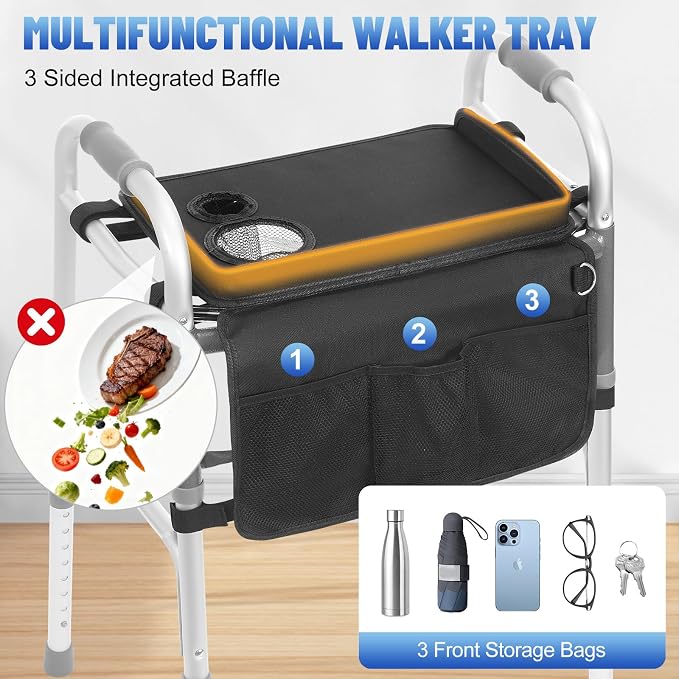 Rhino Valley Walker Tray for Folding Walker,Tray for Walker with Cup Holder | Tray for Walkers with Non-Slip Mat for Food, 3 Front Pockets & 6 Cup Holders, Walker Accessories for Senior, Black
