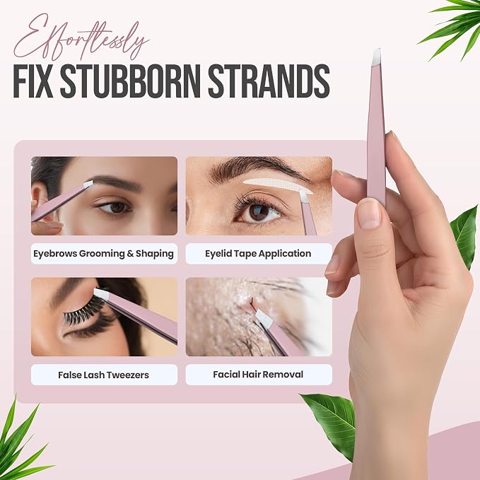 Professional Slant Tip Tweezers - Precision Stainless Steel Eyebrow Plucking Tool for Women and Men, Ingrown Hair Remover, Facial Hair Tweezers for Grooming (Rose Quartz)