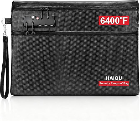 6400°F Fireproof Document Bag with Combination Lock - Heat Resistant Money Bag for Cash, Passports, Deeds, Phones, Waterproof Fire Proof Bag (Black)