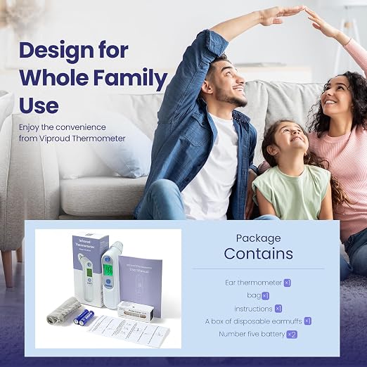 Viproud Digital Ear Thermometer for Kids & Adults, Accurate & Fast Results | With 21 Disposable Probe Covers, 1s Fast Reading, 3-color backlight screen, 30 Memory Recall, ℃/℉ Switchable, Silent Mode