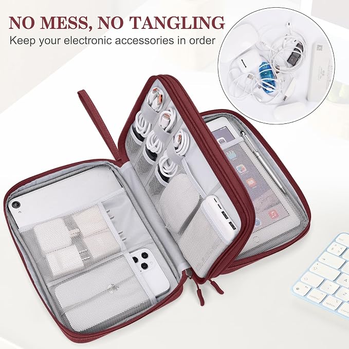 FYY Electronic Organizer, Extra Large Travel Cable Organizer Bag Pouch Portable Waterproof Double Layers All-in-One Storage Bag for iPad, Cable, Power Bank, Laptop Charger for Office/Home, Wine Red