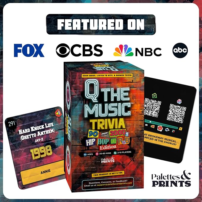 Q The Music Hip Hop & R&B Edition 90s & 2000s – Music Lyric Party Trivia Quiz Card Game for Adult and Family Game Nights, 2-10 Players, Scan, Listen to Hits, & Answer Trivia – Adult Games for Parties