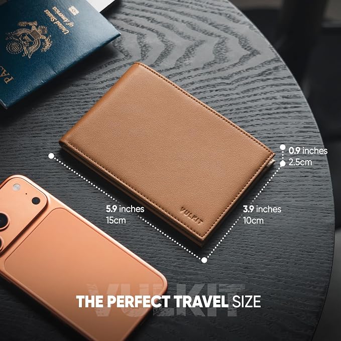 VULKIT Bilfold Passport Holder Leather RFID Blocking Passport Wallet with Hidden Pocket Slim Travel Documents Organizer for Men or Women (Passport, Card, Cash, Coin, SIM Card, Ticket)