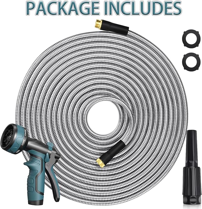 HmiL-U Silver Metal 50FT Garden Hose with 8 Function Nozzle, Heavy Duty, Kink Free, Rust-proof, Anti-puncture, Lightweight, Durable, Weatherproof, 600 Inches, 2 Inches Width