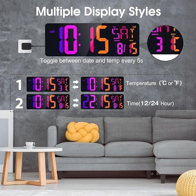 XREXS Large Digital Wall Clock Bluetooth Sync, 17.2" RGB Color Changing Digital Clock with Remote Control, Adjustable Brightness Grandfather Clock, Temperature for Home, Gym and Classroom