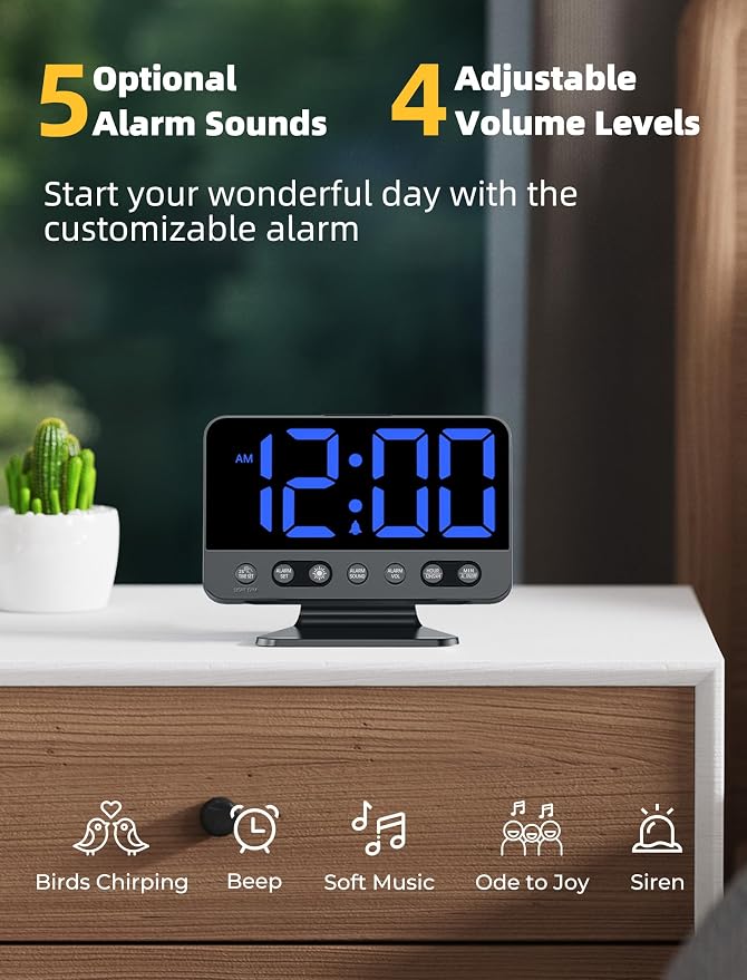 Odokee Digital Alarm Clocks for Bedrooms: Large Bold Number 5 Brightness Dimmer - Easy to Read Across The Room - 5 Alarm Sound 8 Night Light - Black