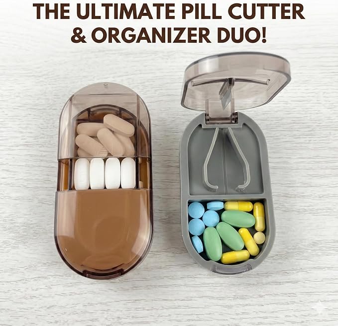2 Pack Pill Splitter for Small & Large Pills – Professional Pill Cutter with Clear Cover & V-Grip Centering Device – Precise 1/2 & 1/4 Cuts for Oblong, Oval & Round Tablets (Gray & Brown)