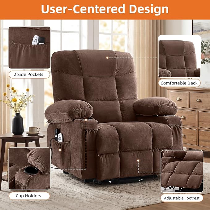 Power Lift Recliner Chair for Elderly with Vibration Massage and Lumbar Heating Electric Recliner Sofa with Cup Holders and USB Charge Port for Living Room Comfort,Deep Brown