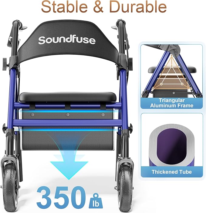 Rollator Walkers for Seniors with Seat, Foldable Lightweight Rolling Walker with 8" Big PU Wheels, Ergonomic Seat, Dual Height Adjustment