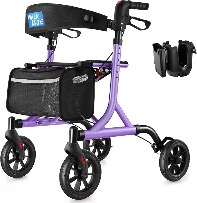 WALK MATE Rollator Walker for Seniors with Cup Holder, Upgraded Thumb Press Button for Height Adjustment, 4 x 8 Wheels Walker with Seat Padded Backrest Folding Lightweight Walking Aid, Purple