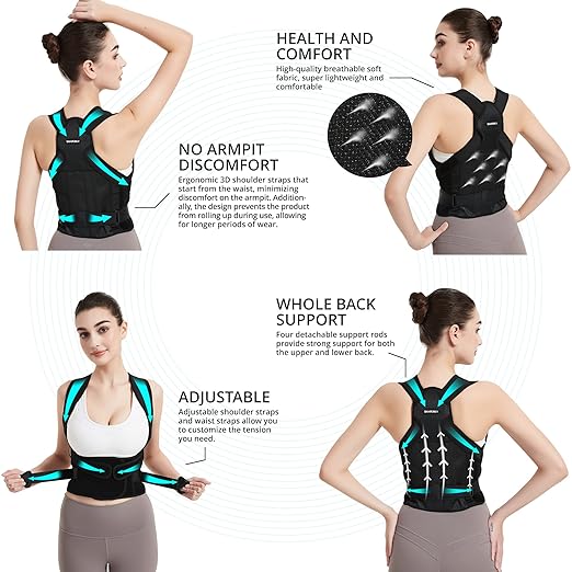 SHAPERKY Posture Corrector for Women for Support: Back Brace for Full Back Support - Adjustable Shoulder Straightener for Women and Men (Black, Small)