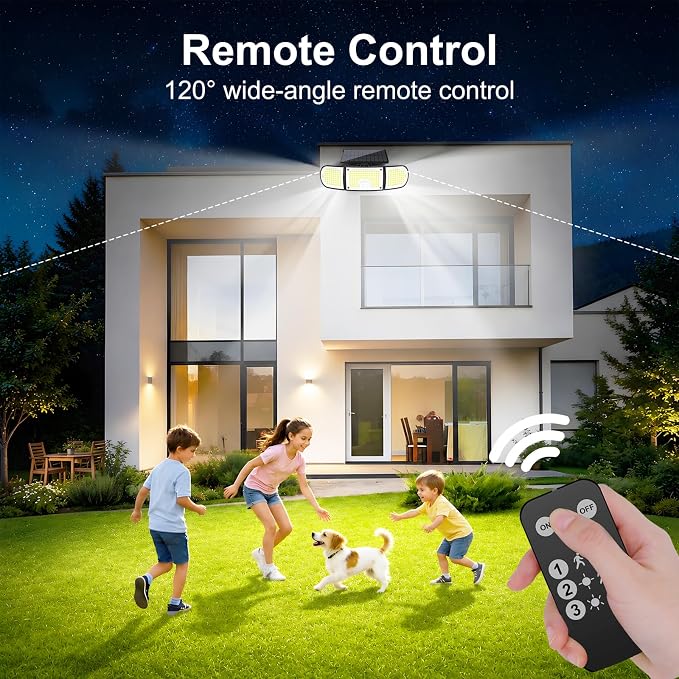 Solar Outdoor Lights, 3000LM 218 LED Motion Sensor Lights with Remote Control, IP65 Waterproof,270° Wide Angle Flood Wall Lights with 3 Modes for Outside Patio Wall (1pc)
