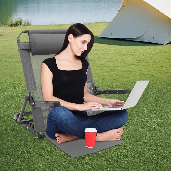 Adjustable Lifting Bed Backrest with Armrests 8-Position Adjustable, 330LBS Load Bed Back Support Chair for Reading Sleeping Watching TV, Portable Folding Floor for Elderly or Patients (Grey)
