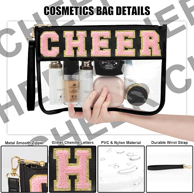 BuyCard Cheer Chenille Letter Bags Clear Makeup Bag, Cheerleader Gifts Cosmetic Bag, Varsity Preppy Patch Flat Pouch Cheer Accessories, Waterproof PVC Organizer Toiletry Bag for Women Girls Black