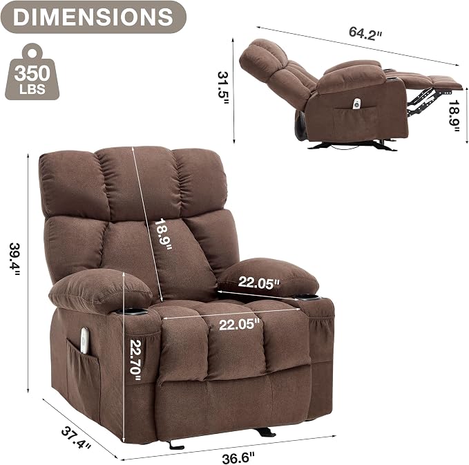 Massage Rocker Recliner Chair with Heat and Vibration Ergonomic Rocking Lounge Chair for Living Room Comfy Overstuffed Recliner with 4 Side Pockets,2 Cup Holders, Brown