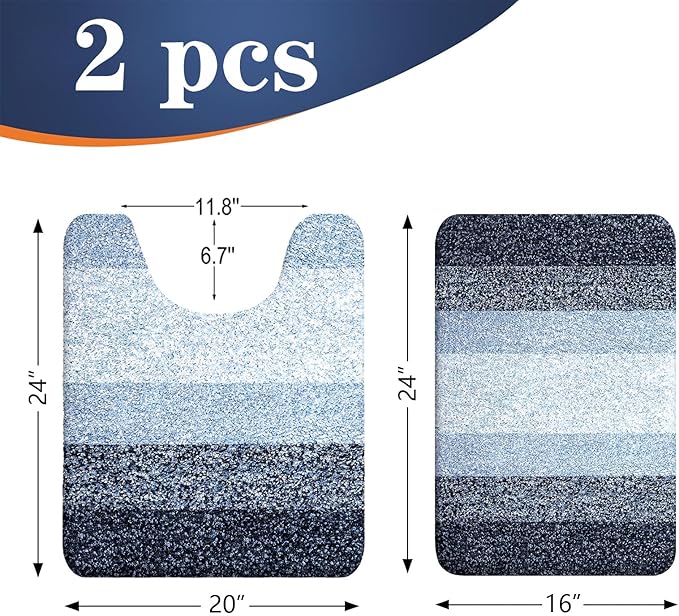 OLANLY Bathroom Rug Set 2 Piece, Soft Absorbent Microfiber Bath Mats and U-Shaped Contour Toilet Rug, Non-Slip, Machine Wash Dry, Plush Shaggy Bath Mats for Bathroom (24"x16"+U24 x20, Dark Blue)