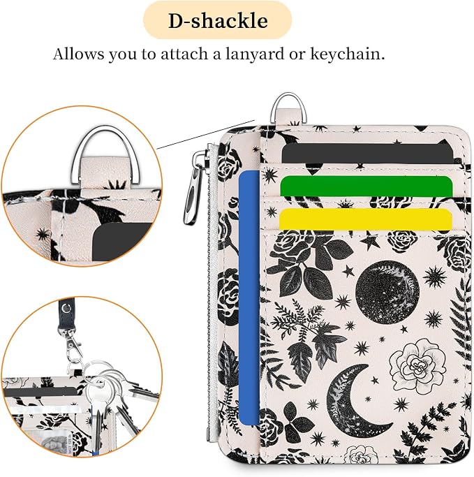 Hancynir Goth Floral Moon Small Wallet Women Credit Card Holder Slim RFID | Zipper Keychain Wallet, Key Chain, Travel Coin Front Pocket, Ladies Women Gifts, Thin Card Case, 6 Card Slots, PU Leather