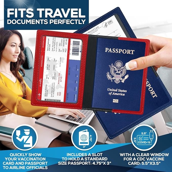 Ciana Passport Holder for Travel, RFID Passport Wallet, Leather Passport Cover & Card Holder for Men & Women, Slim Travel Wallet, Passport Case(Red and Dark Blue)