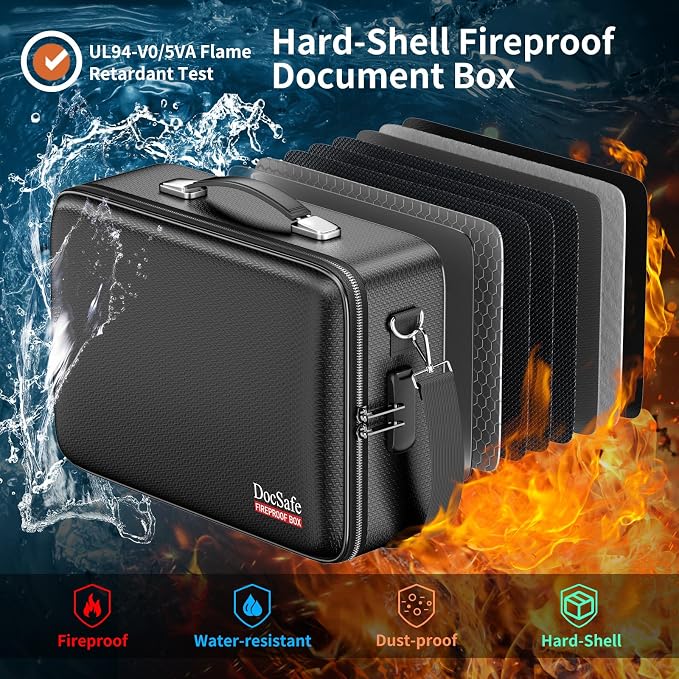 DocSafe Fireproof Document Box Hard Case with Lock ＆ Accordion File Folder | Fire and Water Resistant Safe Box,File Organizer,Multi-Pocket,Home Office Travel Storage for Important Document,Laptop,Black