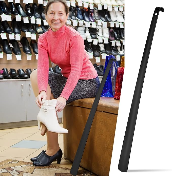 Geelin 2 Pcs 31.5'' Extra Long Handled Shoe Horn Metal Shoehorn for Men Women Multifunctional Stainless Dressing Stick for Elderly Disabled Limited Mobility, Standing Reach Assist for Senior (Black)