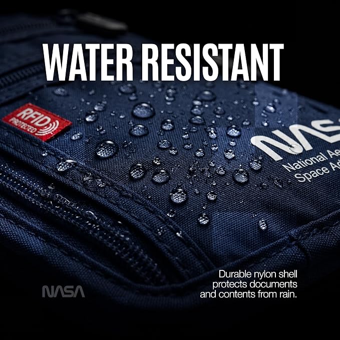 NASA Neck Wallet with RFID-Secured Passport Protection (Lunar Blue) | Slimline Design | Official NASA Insignia | RFID Protection | Key Carabiner | Water-Resistant | Breathable Mesh