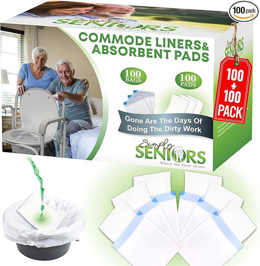 Commode Liners with Absorbent Pads - 100 Bedside Commode Liners & Pads - Portable Toilet Bags for Porta Potty & Camping - No More Days Washing The Bucket of The Commode Chair for Toilet with Arms