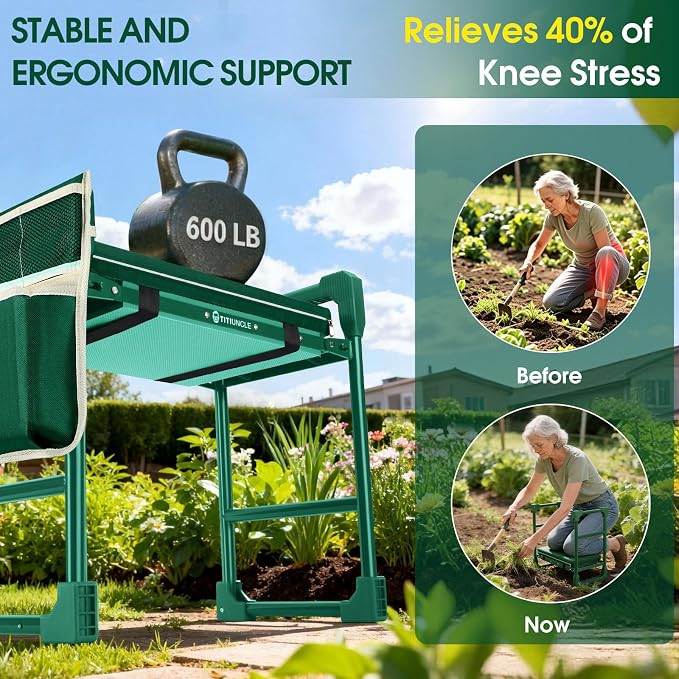 Garden Kneeler and Seat for Seniors: Heavy Duty 600 LBS Support Anti-Tip Multifunctional Gardening Stool Bench with Widened Thick Soft Kneeling Pad & Tool Bag - Foldable for Gardeners