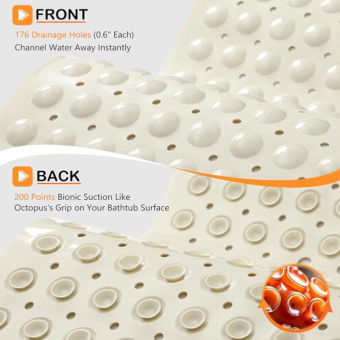 Yimobra Non Slip Bathtub Mat 40 x 16 Inch, Extra Long Shower Mat with Drain Holes, Machine Washable Baby Bath Mats, Strong Suction Cups for Bathroom Floor, Beige