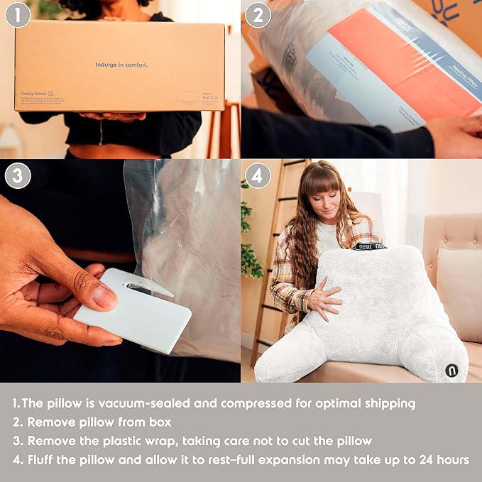 Nestl Fur Reading Pillow with Laptop Lap Desk, Stylish Back Pillow for Sitting Up, Lap Desk with Reading Pillows for Sitting in Bed Adult & Kids, Faux Fur Chair Pillow with Arms - White