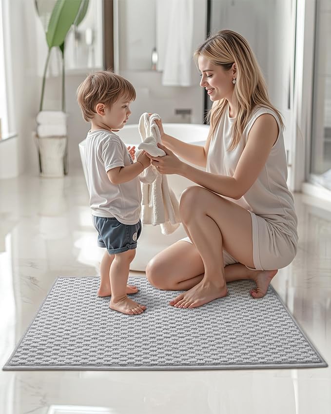 Color&Geometry Bathroom Rugs with Rubber Backing, Non Slip Machine Washable Bath Mat, Soft Absorbent Chenille Boho Carpet for Bathroom Floor, Tub and Shower,17"x29", Light Grey