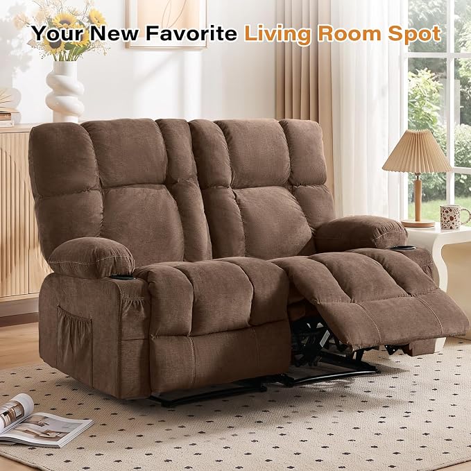 Oversized Fabric Reclining Loveseat Sofa for Living Room with Cup Holders | 2-seat recliner sofa with side pockets, padded seats and adjustable footrests for home theater, family room and relaxation