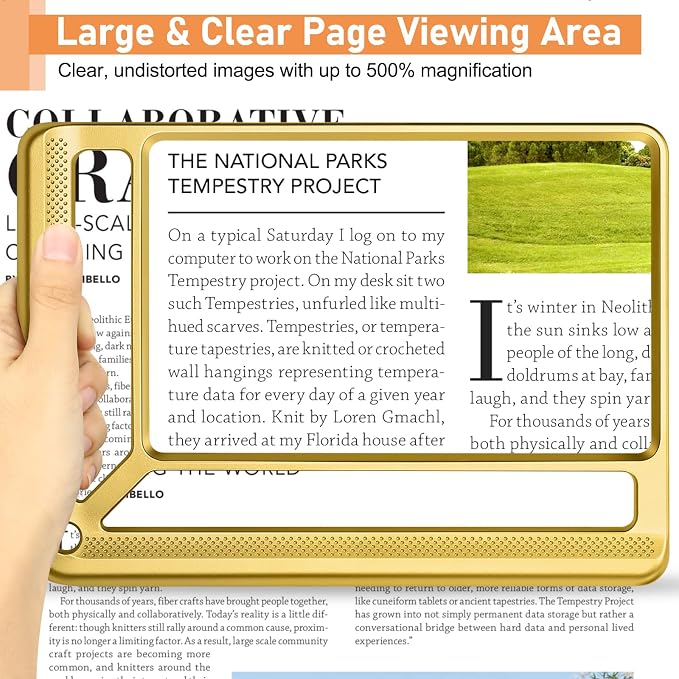 AKKYCVS 5X Full Page Magnifying Glass for Reading, Lightweight Rectangular Magnifier Provides Large Book Page Viewing Area, Handheld Magnifier for Reading Small Prints for Seniors, Low Vision-Gold