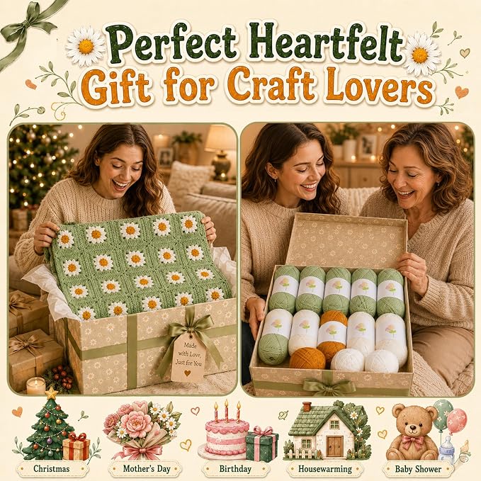 Coopay Crochet Blanket Kit for Beginners, Large Granny Square Crochet Kit | Complete Crochet Kit W/1200g Premium Yarn, Manual & Video Tutorial, DIY Handmade Blanket Gift for Crochet Lovers