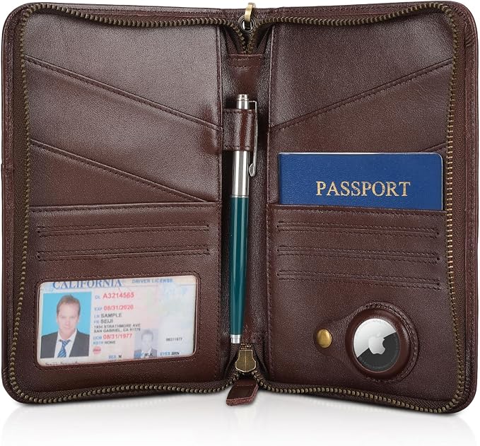 Polare Napa Leather Passport Holder Cover Case for Men and Women RFID Blocking Family Travel Wallet Holds 6 Passports (Coffee with AirTag Slot)